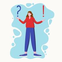 Question and answer. Question and exclamation marks. Young thinking man, girl. Problem and solution concept. Dilemma and understanding. flat illustration. Isolated background. vector