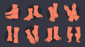 Human feet in different positions. Barefoot legs, male or female bare pairs of legs, back, front, side feet view flat illustration set. Cartoon hand drawn feet collection vector