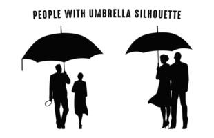 Walking People with Umbrella Black Silhouette vector