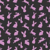 Easter seamless pattern of pink rabbit silhouettes in different actions. Festive Easter bunnies design. Isolated on black background. For Easter decoration, wrapping paper, greeting, textile, print vector