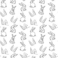 Seamless pattern of hand-drawn rabbits and ears. Festive Easter bunnies design. Continuous one line drawing. Isolated on white backdrop. For Easter decoration, wrapping paper, greeting, textile, print vector