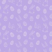 Seamless pattern of hand-drawn rabbits, ears, Easter eggs. Festive Easter bunnies design. Continuous line art. Isolated on purple backdrop. Easter decoration, wrapping paper, greeting, textile, print vector