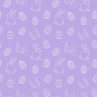 Seamless pattern of hand-drawn rabbits, ears, Easter eggs. Festive Easter bunnies design. Continuous line art. Isolated on purple backdrop. Easter decoration, wrapping paper, greeting, textile, print vector