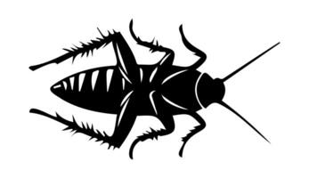 Black silhouette of dead cockroach lying on its back on white backdrop. illustration. Good for pest control service ads, hygiene educational content, product labels for insecticides. Top view vector