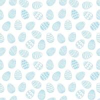 Seamless pattern of blue Easter eggs with hand-drawn details. Continuous one line drawing. Isolated on white background. Festive design. For Easter decoration, wrapping paper, greeting, textile, print vector