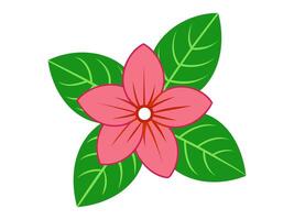 Simple illustration of pink flower with green leaves. Flat design of blooming flower. Concept of spring, nature simplicity, botanical illustration, environmental themes. Isolated on white backdrop vector