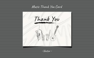 Thank you card musical instruments hand drawn line art with brushstroke and heart shapes design. vector