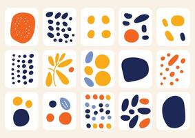 Abstract art patterns include dots, circles, flowers, leaves, petals, geometric figures, and organic forms made with rounded lines, all in navy blue, sky blue, light yellow and white colors vector