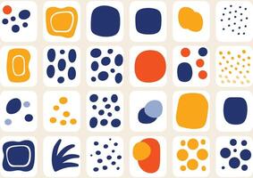 Abstract art patterns include dots, circles, flowers, leaves, petals, geometric figures, and organic forms made with rounded lines, all in navy blue, sky blue, light yellow and white colors vector