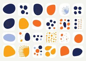 Abstract art patterns include dots, circles, flowers, leaves, petals, geometric figures, and organic forms made with rounded lines, all in navy blue, sky blue, light yellow and white colors vector