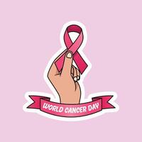 isolated illustration of hands reaching out with an awareness ribbon in support of World Cancer Day. vector