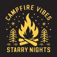 Campfire vibes starry nights. T-shirt, poster design. vector