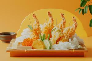 tempura estación y inmersión salsa un tempura estación con un variedad de crujiente tempura con foto