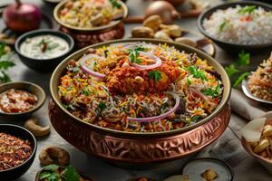 Biryani Banquet a grand banquet table filled with aromatic biryani rice dishes with photo