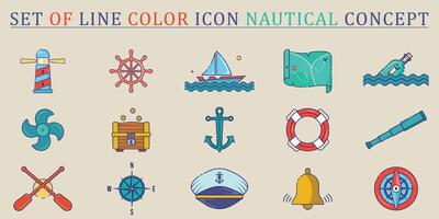 set of nautical icon line color illustration template graphic design. bundle collection of various marine sign or symbol for sailor and navy concept vector