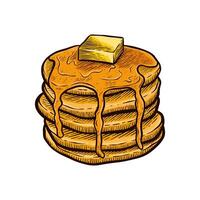 hand drawn illustration of butter pancakes and syrup on top with colors vector