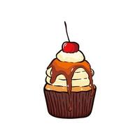 Hand drawn cupcake, cherry on top with color vector