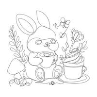 bunny with coffee cup one line art design. bunny coffee one line art style vector