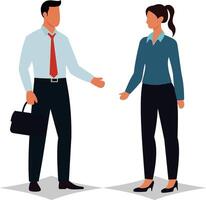 Two business people shaking hands and talking each other, one of them holding a briefcase flat concept illustration. vector