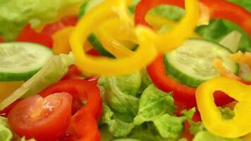 Slices of vegetables falling over salad 4k background video