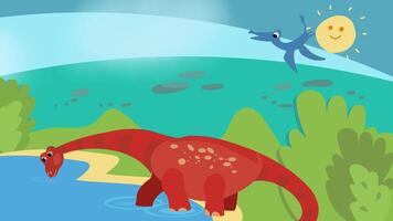 Cute cartoon flat dinosaur Diplodocus drinking water from lake. Pteranodon flying. Prehistoric times of dinosaurs. Full colour animation, for design. video