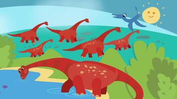 Cute cartoon flat dinosaur Diplodocus drinking water from lake. Pteranodon flying. Prehistoric times of dinosaurs. Full colour animation, for design. video