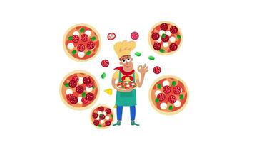 Cute cartoon flat chef pizzaiolo preparing pizza. Food and restaurant. Full color animation, 4k for design. video