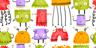 Seamless pattern with colored monsters. Halloween background. Cartoon monster. Cute baby funny illustration on isolated background png