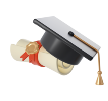 3d illustration de diplôme diplôme ou l'obtention du diplôme faire défiler avec rouge ruban et Université ou Université noir casquette diplômé icône. rendre éducation papier élément pour décoration affiche, bannière png