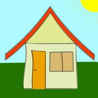 a cartoon house with a sun in the background vector