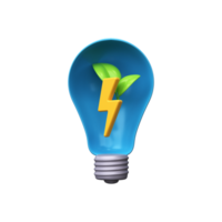 Light bulb with leaf and flash icon inside. 3d green energy icon png