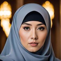 Woman in traditional Muslim clothing, smiling. Beautiful woman headshot looking at camera and wearing a hijab. photo