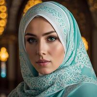 Woman in traditional Muslim clothing, smiling. Beautiful woman headshot looking at camera and wearing a hijab. photo