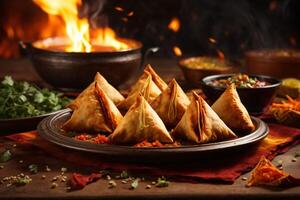 Vegetarian samosa or samosasIndian special traditional street food photo