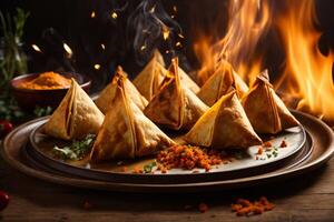 Vegetarian samosa or samosasIndian special traditional street food photo