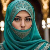 mujer en tradicional musulmán ropa, sonriente. hermosa mujer disparo a la cabeza mirando a cámara y vistiendo un hiyab foto