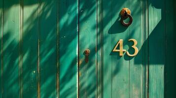 House number 43 on a green wooden front door photo