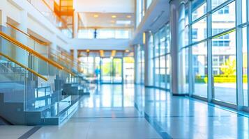 office building lobby blur background interior view toward reception hall modern luxury main stair space with blurry corridor and building glass wall window photo