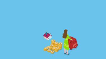 Woman saving money and putting coins in Piggy bank to save for a house. Finance planning, income and budget planning. 2D isometric Animation video