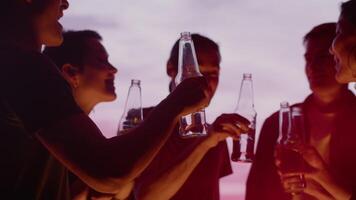 joven amigos tintinamente su botellas y teniendo divertido cerca el hoguera a un al aire libre fiesta con un rojo oscuridad cielo en el fondo. concepto de despreocupado verano ocio video