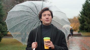 Young man in a coat walking under a transparent umbrella in the autumn city park, looking around, drinking hot coffee from a paper cup, and enjoying the rain video