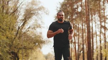 Young muscular jogger with a focused face running on the path of a city park at a steady pace on a sunny day. Concept of modern outdoor sports training in a casual urban life video