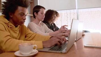 multirracial corporativo empregados equipe trabalhando com entusiasmo em a comum mesa juntos e discutindo uma projeto. colegas intensamente trabalhando dentro escritório em seus laptops video