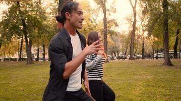 Young couple of cheerful dancers in casual clothes performing a joint dance in a city park in sunny day close up. Concept of outdoor active summer leisure video