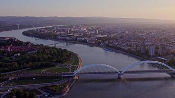 Aerial View of Bridge Over River at Sunset in Novi Sad, Serbia video