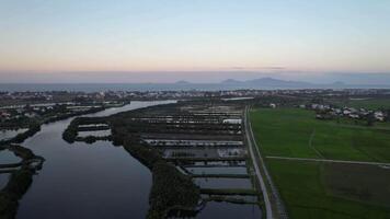 Aerial view of an Asian coastal farming landscape at dusk, showcasing rice fields, aquaculture ponds, residential areas, and distant mountains, suitable for environmental and Earth Day concepts video