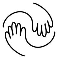 Simple black and white two hands interlocked drawing logo hug icon symbolizing unity and support. illustration for web design vector