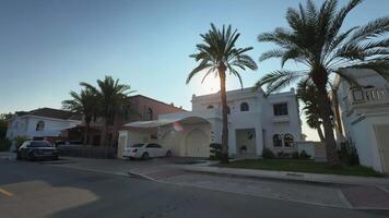 Exterior of a private expensive villa in Dubai on the seafront among palm trees on a cloudless day. video