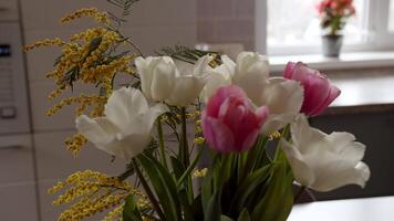 tulips and mimosa on the table, close up video