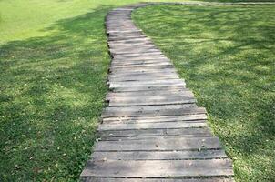 un fila de de madera pasarelas en el jardín con natural antecedentes foto